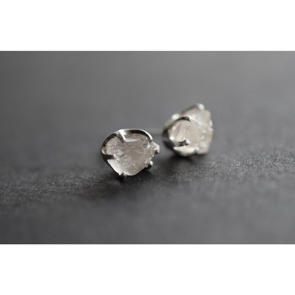 Sterling silver stud earrings, alternative diamond, uncut natural gemsto… - Picture 2 of 4